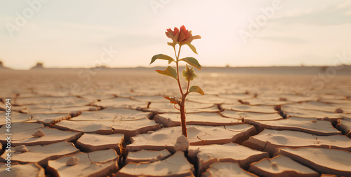 Plant growing in dried cracked mud  the concept of nature taking over  and climate change