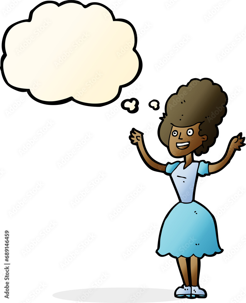 cartoon happy 1950's woman with thought bubble