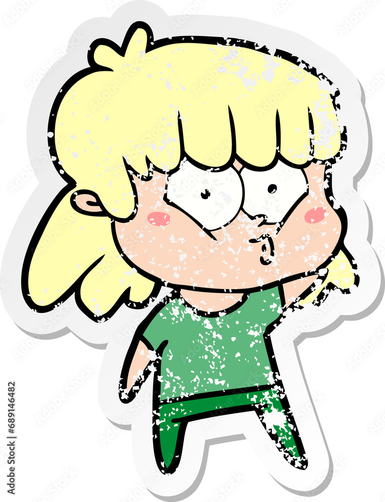 distressed sticker of a cartoon whistling girl distressed sticker of a cartoon whistling girl