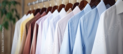 Close up of laundry rack with clean shirts Copy space image Place for adding text or design photo