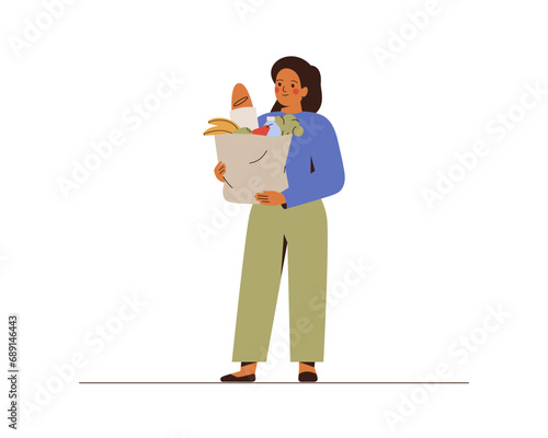Woman holds paper bag with eco groceries. Girl with kraft pack full of fresh healthy food: bread, water, vegetables and fruits. Mindfulness shopping and recycling package concept. Vector illustration