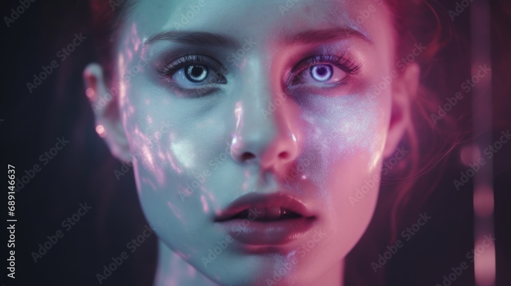 close up face portrait of a woman with light shining projections on the head, fashion glamour photo close up face portrait of a woman with light shining projections on the head, fashion glamour photo