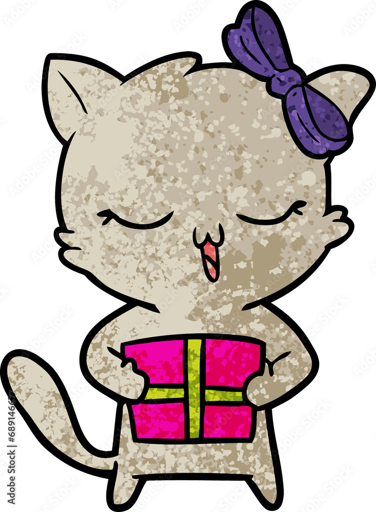 cartoon girl cat with christmas present cartoon girl cat with christmas present