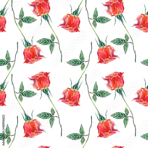 Fototapeta Naklejka Na Ścianę i Meble -  Seamless pattern of red rose buds. Watercolor illustration isolated on white background. Cards, invitations, wrapping paper, wallpaper, textiles.