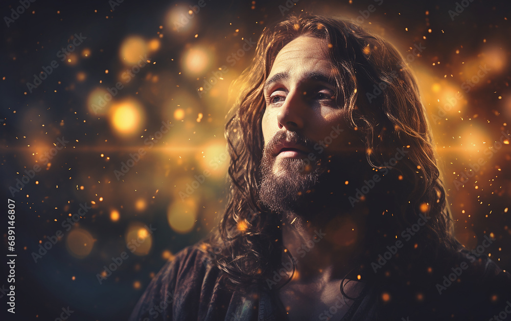 silhueta de jesus cristo, fundo desfocado com luzes e decoração de natal, silhueta de jesus cristo, fundo desfocado com luzes e decoração de natal,