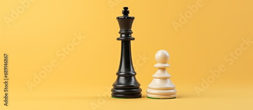 Isolated black and white chess queen on pastel yellow Chess figurine Board and strategy game Minimal concept 3D render Copy space image Place for adding text or design