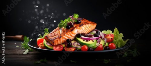 Grilled salmon and vegetable salad with tomato onion olives and avocado Copy space image Place for adding text or design