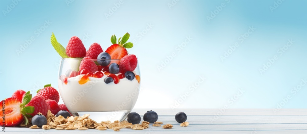 Front view of a healthy breakfast with vegetarian yogurt granola and fresh fruit on a blue table in a white kitchen Copy space image Place for adding text or design - obrazy, fototapety, plakaty 