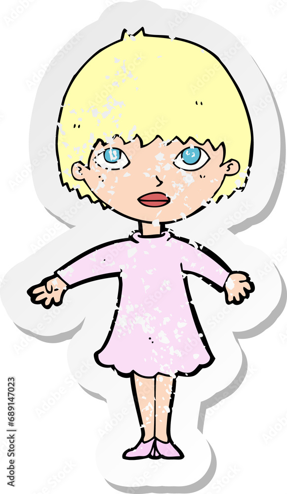 retro distressed sticker of a cartoon woman in dress retro distressed sticker of a cartoon woman in dress