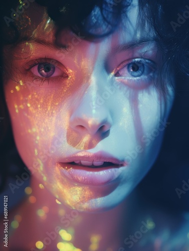 close up face portrait of a woman with light shining projections on the head  fashion glamour photo