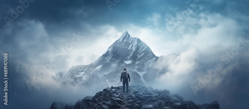 foggy mountain climber Copy space image Place for adding text or design © vxnaghiyev