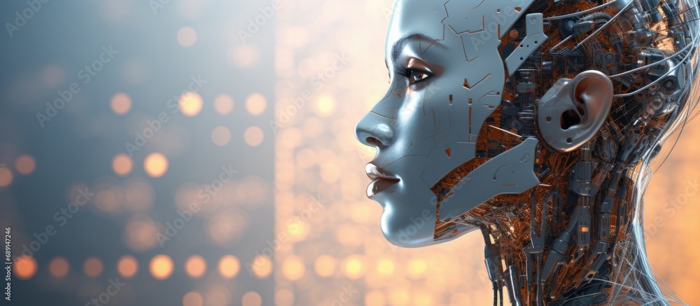 Close up 3D rendering of robotic face with engineering science study and AI thinking for 4th industrial revolution Copy space image Place for adding text or design