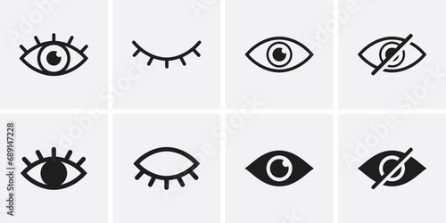See and unsee eye icon set. Hidden and view eye icon vector. Visible invisible icon symbol collection photo