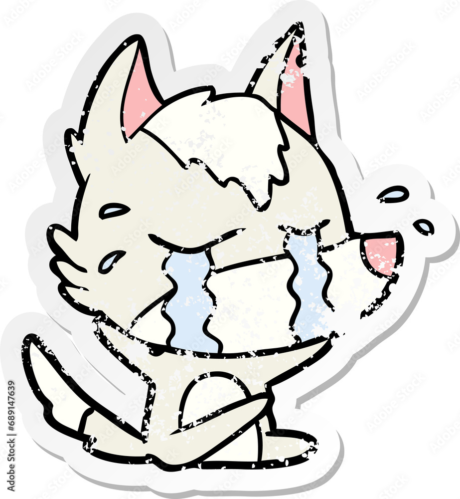 distressed sticker of a cartoon crying wolf distressed sticker of a cartoon crying wolf