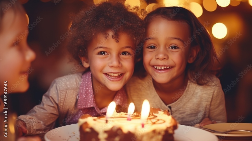 young sweet and cute Caucasian kids with birthday cake  at home birthday party.