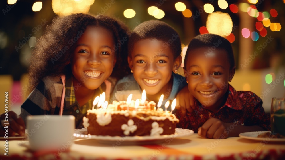 young sweet and cute African kids with birthday cake on party birthday at home. young sweet and cute African kids with birthday cake on party birthday at home.
