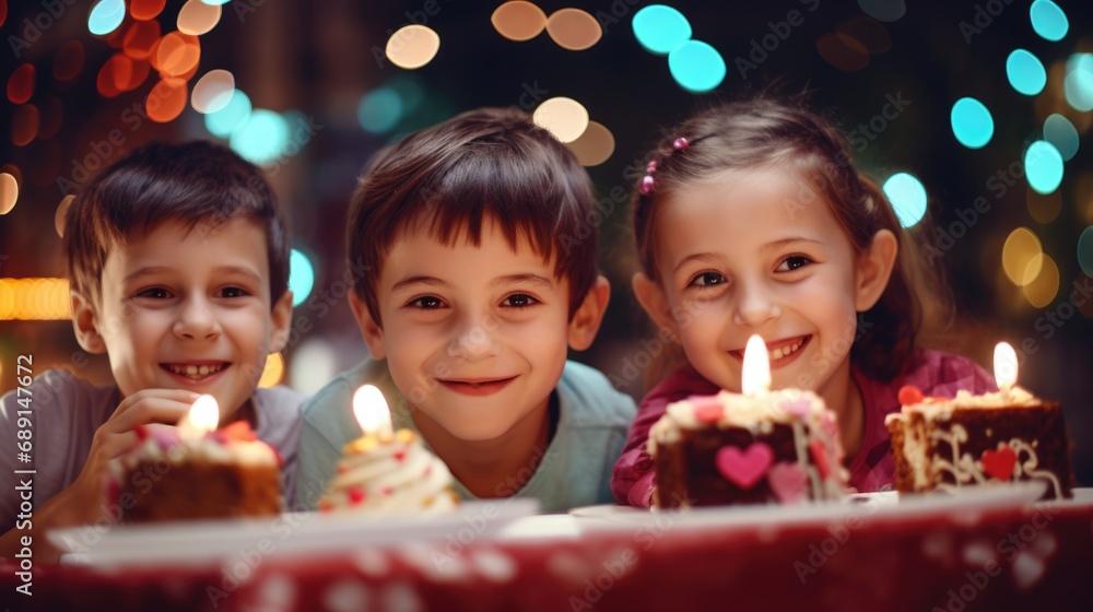 young sweet and cute Caucasian kids with birthday cake at home birthday party. young sweet and cute Caucasian kids with birthday cake at home birthday party.
