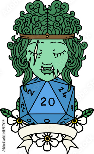 Retro Tattoo Style half orc barbarian character with natural 20 dice roll © lineartestpilot