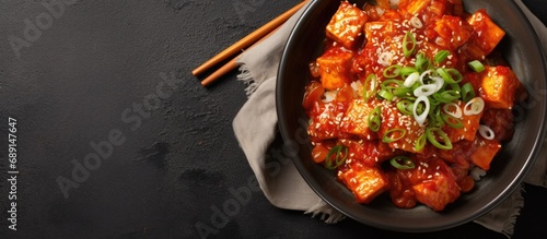 Korean braised spicy tofu with rice in a gray bowl top view Asian vegetarian food idea Copy space image Place for adding text or design