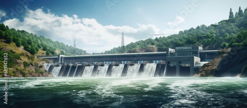 Hydropower plant with turbines and water spills for generating green electricity Climate change friendly eco friendly energy concept Copy space image Place for adding text or design