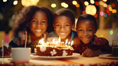 young sweet and cute African kids with birthday cake on party birthday at home.