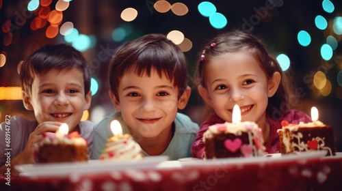 young sweet and cute Caucasian kids with birthday cake at home birthday party.