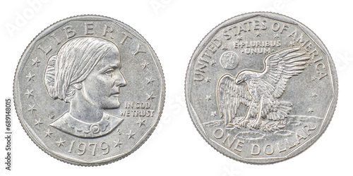 1979 P FG Susan B. Anthony Dollar front and back side. First circulating US coin to feature a woman, produced 79-81 and 99. Depicts suffragist Susan B. Anthony. Perfect for Women Rights discussions. photo