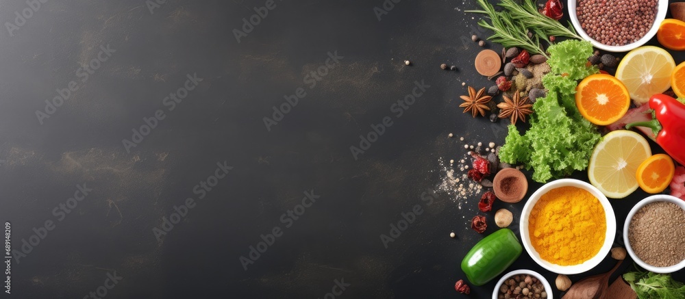 Natural ingredients and pet food arranged on a grey table in a flat layout Copy space image Place for adding text or design - obrazy, fototapety, plakaty 