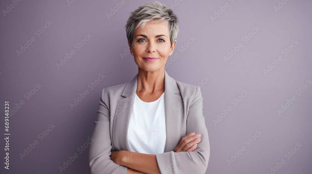 Confident woman in business suite portrait. Short blonde hair style.  - obrazy, fototapety, plakaty 