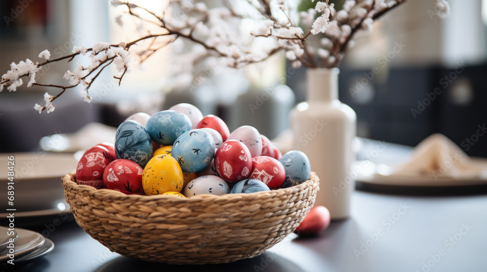 basket with multi-colored Easter eggs on the table in a stylish kitchen, minimalism, Scandinavian interior, postcard, spring, design, religious holiday, traditional dish, treat, decor, flowers basket with multi-colored Easter eggs on the table in a stylish kitchen, minimalism, Scandinavian interior, postcard, spring, design, religious holiday, traditional dish, treat, decor, flowers