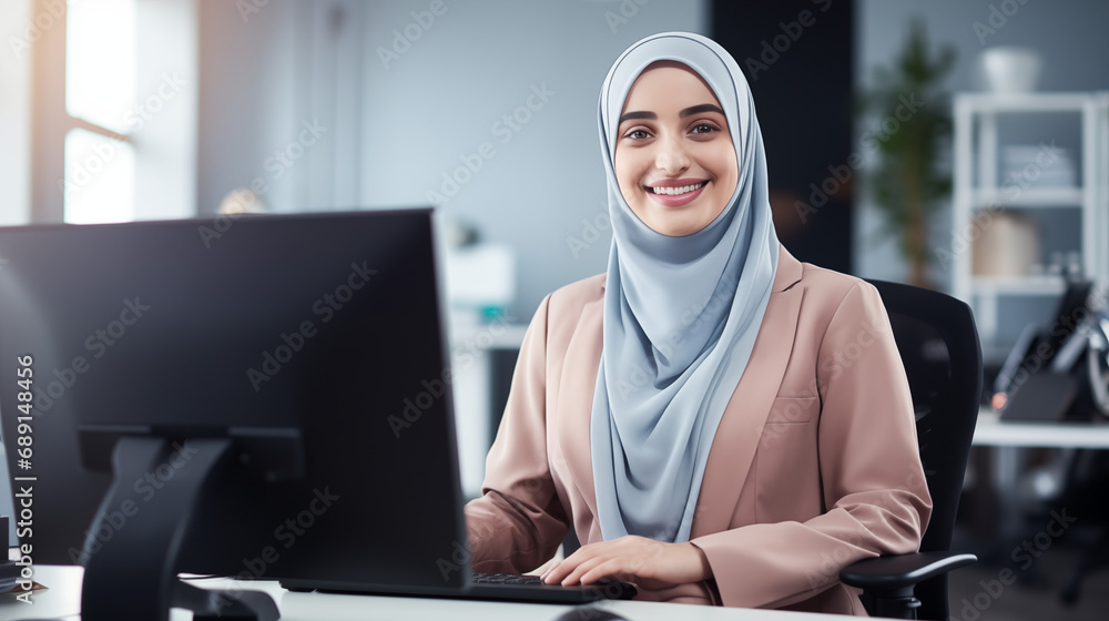 Muslim Woman employee wearing a veil working in an office in front of a computer, facing the camera, Muslim Woman employee wearing a veil working in an office in front of a computer, facing the camera,