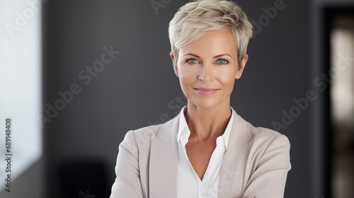 Confident woman in business suite portrait. Short blonde hair style. 