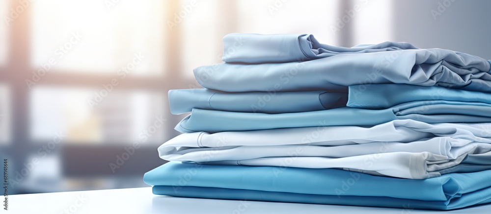 Industrial laundry providing a cleaning and ironing service for hotels clinics and companies with stacks of clean folded sheets and fabrics and an industrial iron Copy space image Place for add - obrazy, fototapety, plakaty 