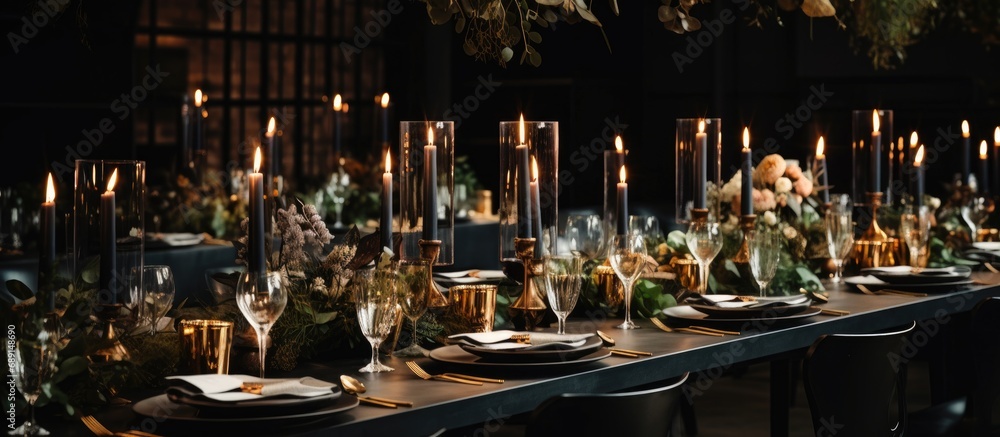 Luxurious wedding reception with trendy black decor including flowers candles and table setup in a restaurant hall Suitable for birthday parties baptisms and other events Copy space image Place