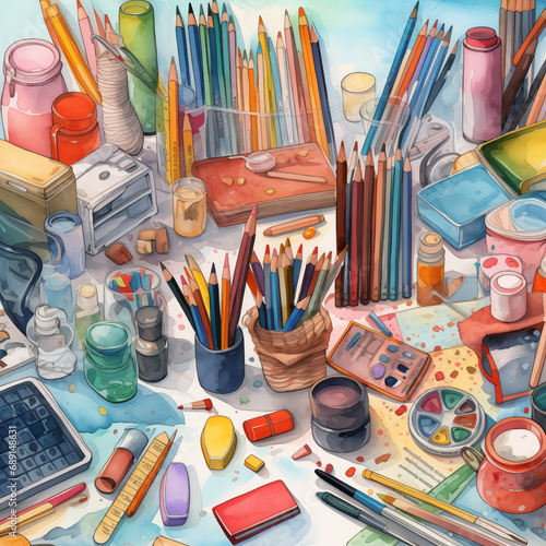 education, art, supply, pencil, design, stationery, set, pen, school, child, illustration, background, book, crayon, vector, notebook, student, tool, office, equipment, paint, ruler, study, collection