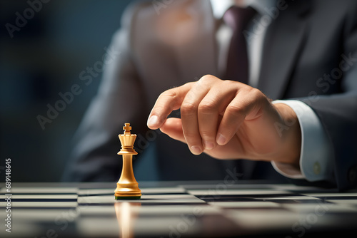 Male businessman's hand holding a golden king chess piece on a chess board. Marketing planning and strategy Like a winner and a success. Copy space. photo