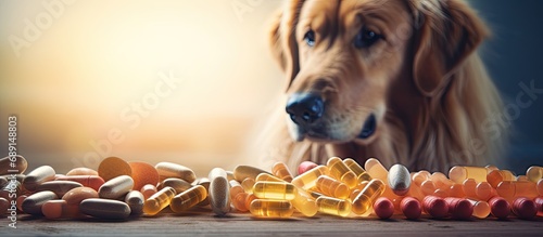 Pet medications and supplements with pet food in the backdrop and space for text Copy space image Place for adding text or design photo