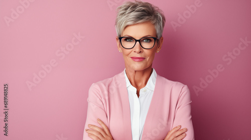 Confident woman in business suite portrait. Short blonde hair style. AI generated