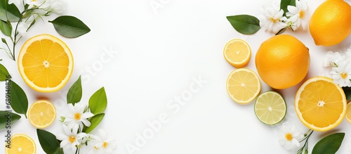 High quality photo of citrus fruits leaves and flowers arranged as a flat lay on a white background Copy space image Place for adding text or design