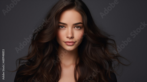 Beauty fashion portrait of young woman, waving brunne hairstyle, confident look, studio shot. AI generated © 0livia