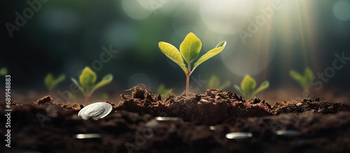 Business growth profit development and success are illustrated by seedlings thriving in fertile soil Copy space image Place for adding text or design photo