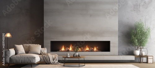 Modern living room with 3D rendered fireplace Copy space image Place for adding text or design