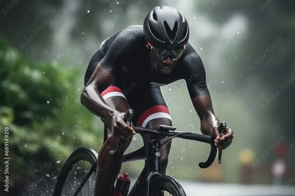 Focused african man athlete triathlon cycling in rain