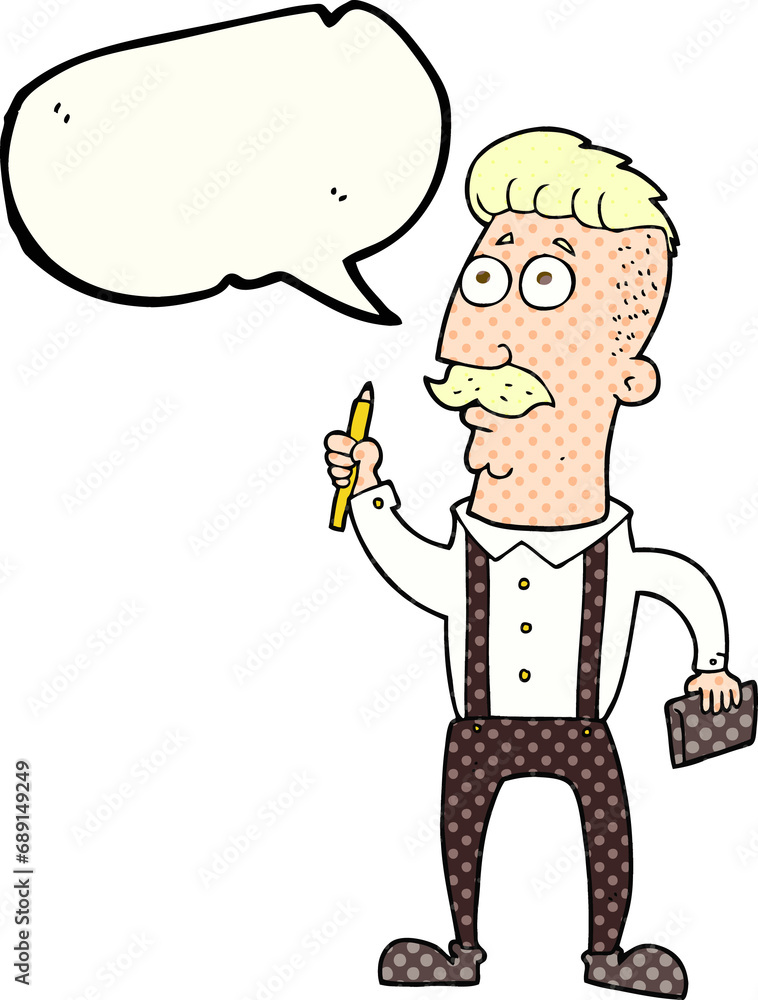 Fototapeta premium freehand drawn comic book speech bubble cartoon man with notebook