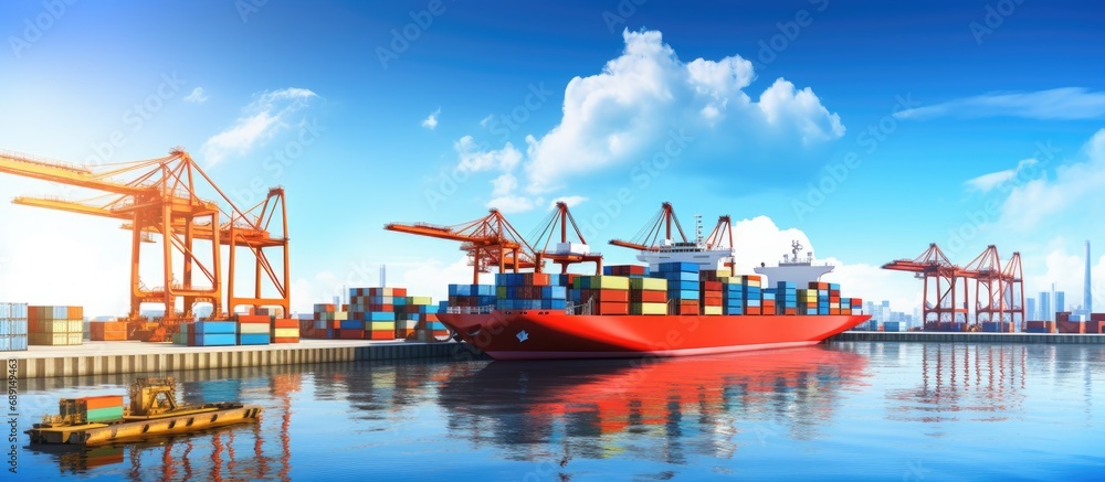 Modern seaport with ships carrying containers on a sunny day Copy space image Place for adding text or design