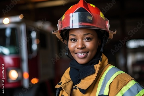 Portrait female african firefighter in uniform and helmet near a fire truck © ty