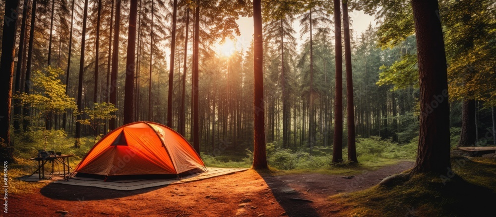 Morning forest camping with an orange tent in coniferous summer Copy space image Place for adding text or design