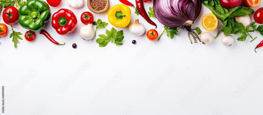 Celebrating plant based diet concept with fresh produce on white background Copy space image Place for adding text or design - obrazy, fototapety, plakaty 