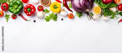 Celebrating plant based diet concept with fresh produce on white background Copy space image Place for adding text or design photo