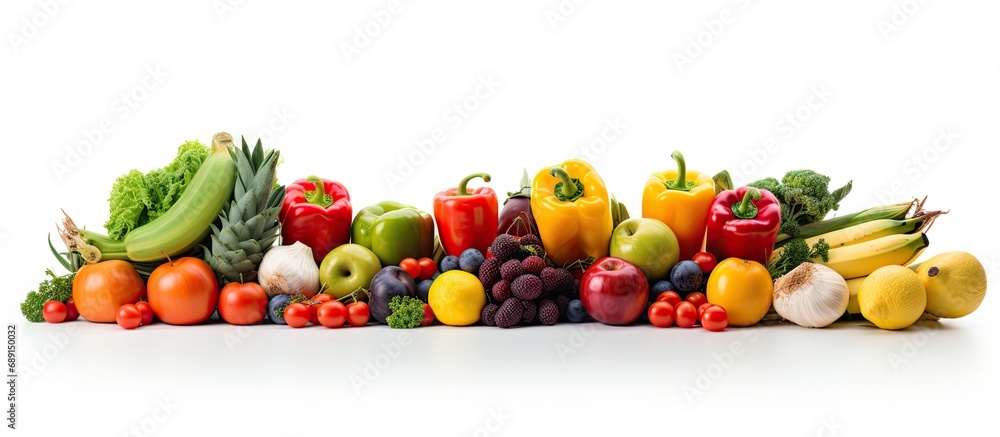 Colorful fruits and vegetables isolated on white Copy space image Place for adding text or design Colorful fruits and vegetables isolated on white Copy space image Place for adding text or design